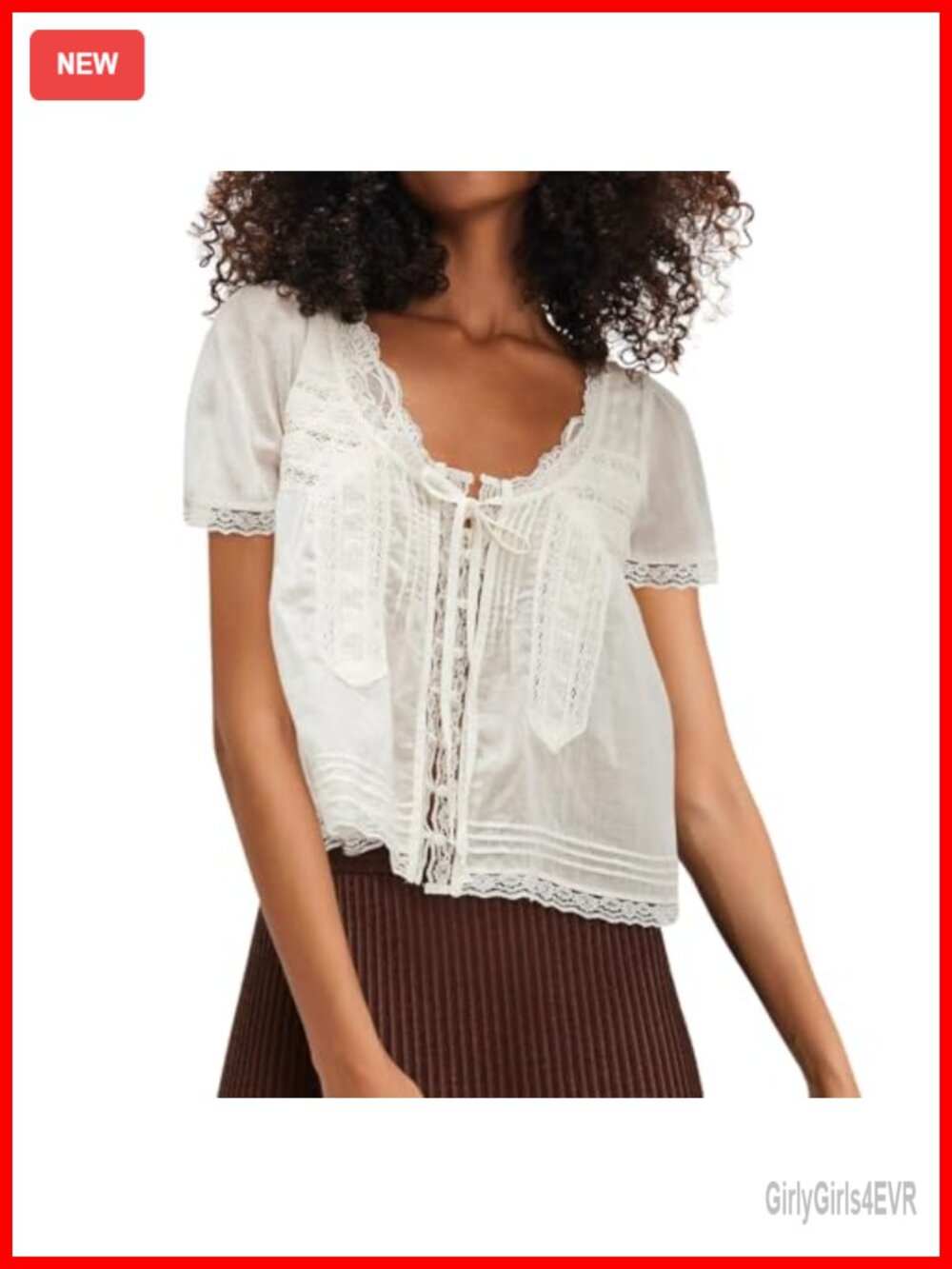 Boho Button Down Lace Trim Crop Tee Top Short Sleeve Scoop Neck Ruffle Semi
